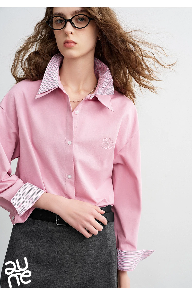 TOYOUTH Women Shirts 2026 Spring New Pure Cotton Striped Double-Layer Collar Niche Design Floral Embroidered Casual Shirt Tops