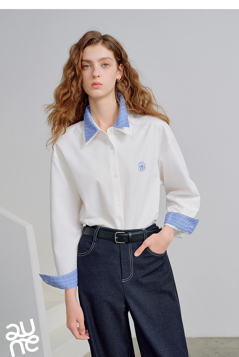 TOYOUTH Women Shirts 2026 Spring New Pure Cotton Striped Double-Layer Collar Niche Design Floral Embroidered Casual Shirt Tops