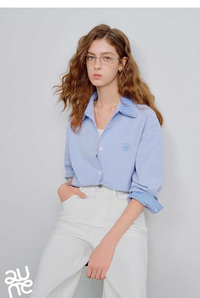 TOYOUTH Women Shirts 2026 Spring New Pure Cotton Striped Double-Layer Collar Niche Design Floral Embroidered Casual Shirt Tops