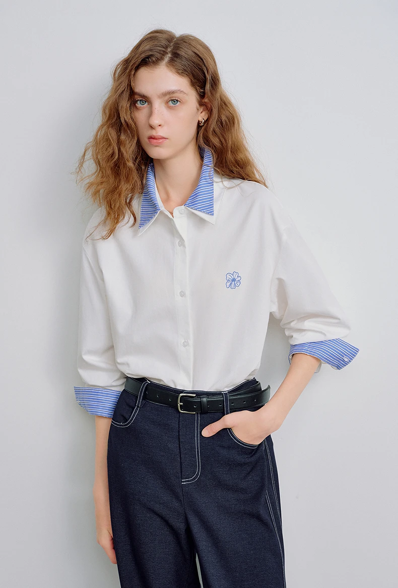 TOYOUTH Women Shirts 2026 Spring New Pure Cotton Striped Double-Layer Collar Niche Design Floral Embroidered Casual Shirt Tops