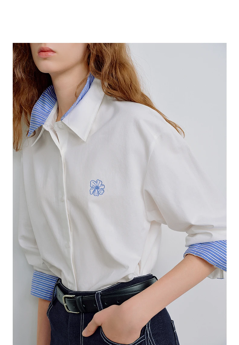 TOYOUTH Women Shirts 2026 Spring New Pure Cotton Striped Double-Layer Collar Niche Design Floral Embroidered Casual Shirt Tops