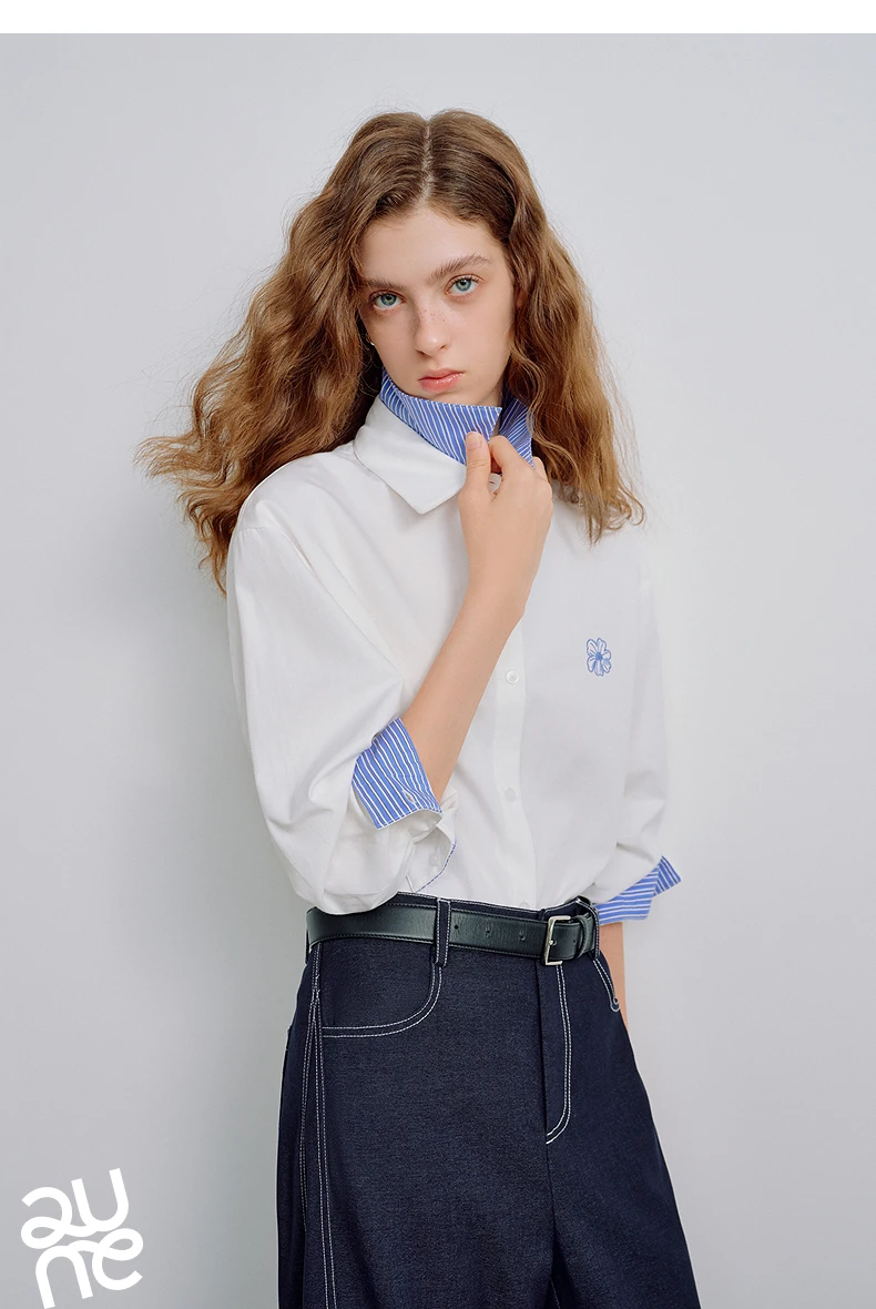 TOYOUTH Women Shirts 2026 Spring New Pure Cotton Striped Double-Layer Collar Niche Design Floral Embroidered Casual Shirt Tops