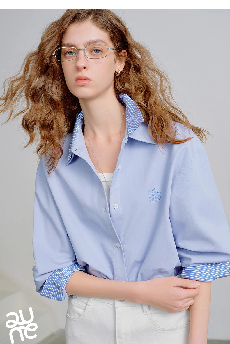 TOYOUTH Women Shirts 2026 Spring New Pure Cotton Striped Double-Layer Collar Niche Design Floral Embroidered Casual Shirt Tops