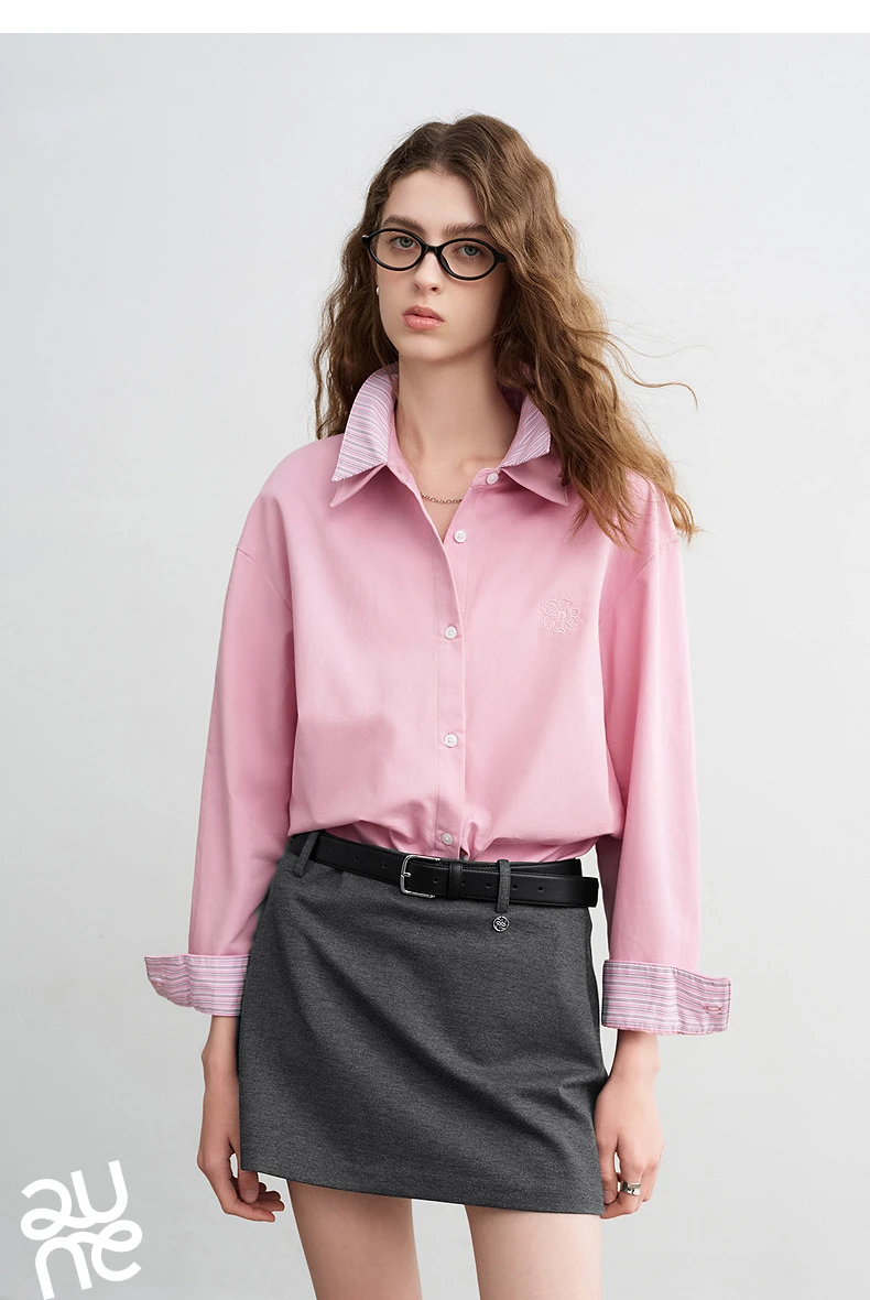 TOYOUTH Women Shirts 2026 Spring New Pure Cotton Striped Double-Layer Collar Niche Design Floral Embroidered Casual Shirt Tops