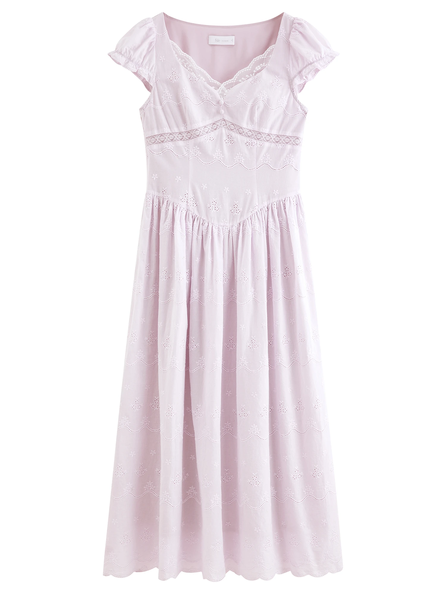 FSLE 2026 Summer Women's V-Neck Puff Sleeve Elegant Tea Dress Cut-Out Embroidered Flowy Midi French Coquette Romantic Style