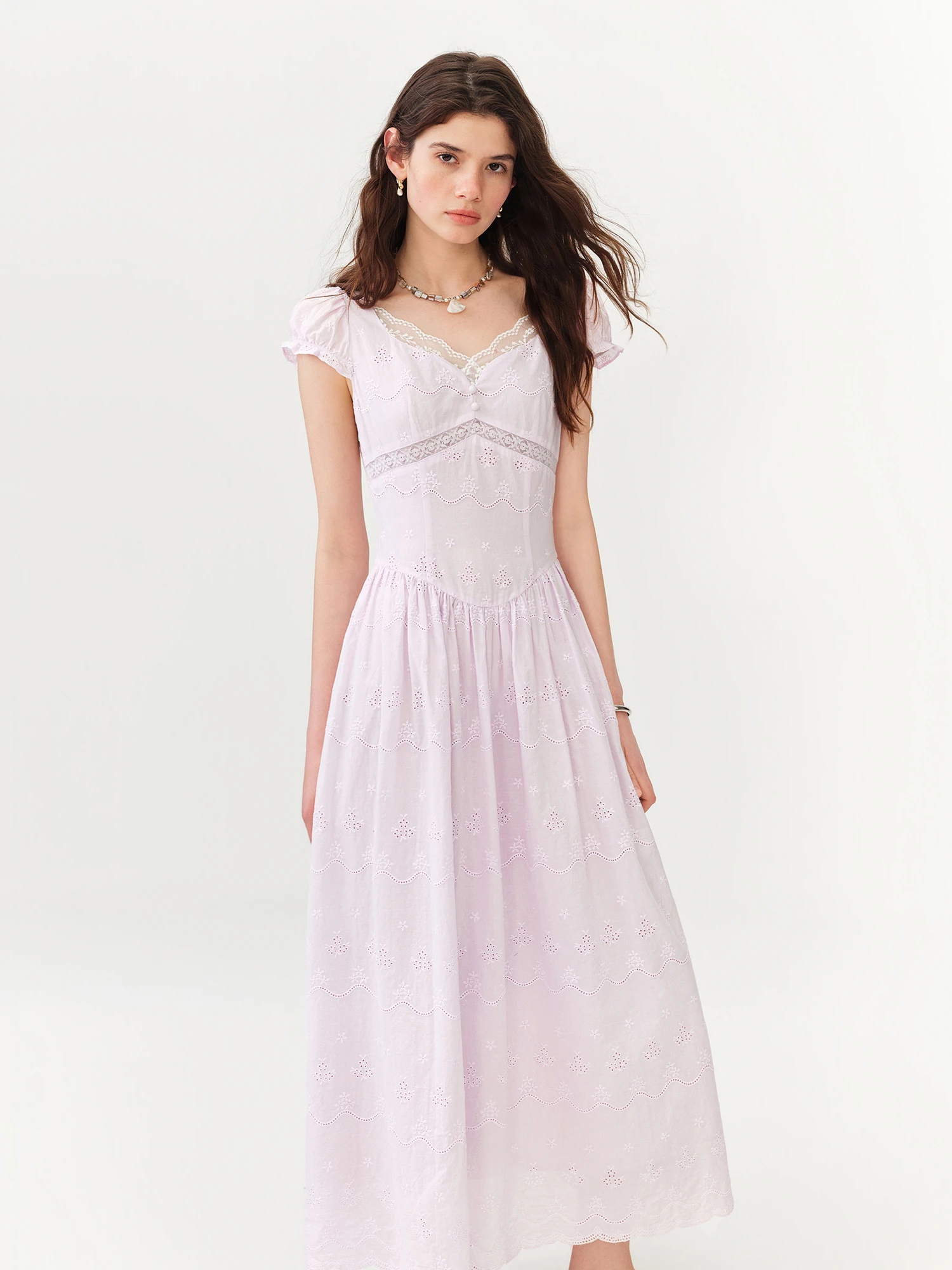 FSLE 2026 Summer Women's V-Neck Puff Sleeve Elegant Tea Dress Cut-Out Embroidered Flowy Midi French Coquette Romantic Style
