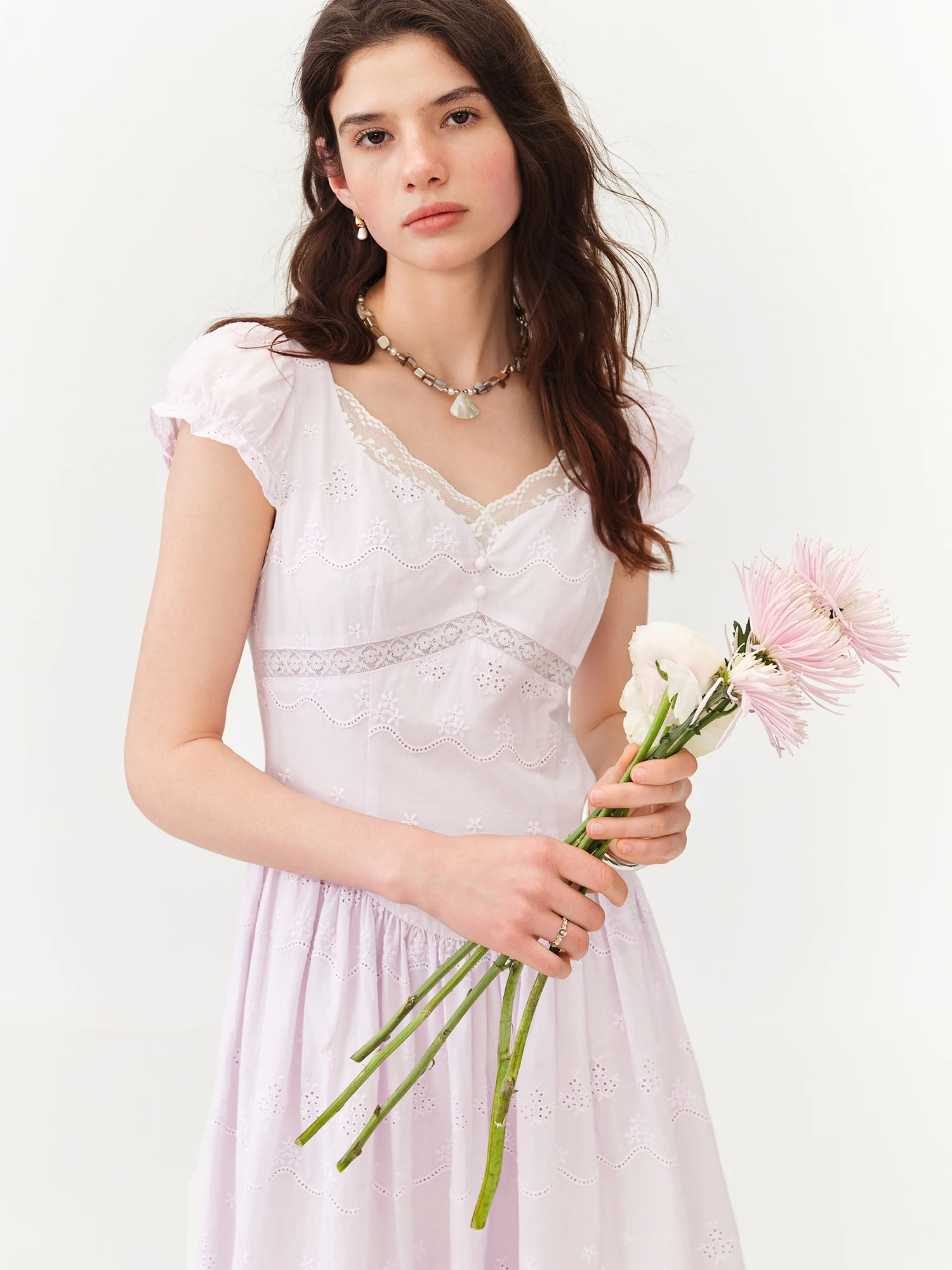 FSLE 2026 Summer Women's V-Neck Puff Sleeve Elegant Tea Dress Cut-Out Embroidered Flowy Midi French Coquette Romantic Style