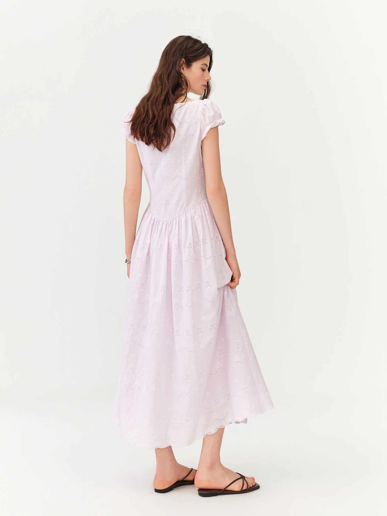 FSLE 2026 Summer Women's V-Neck Puff Sleeve Elegant Tea Dress Cut-Out Embroidered Flowy Midi French Coquette Romantic Style