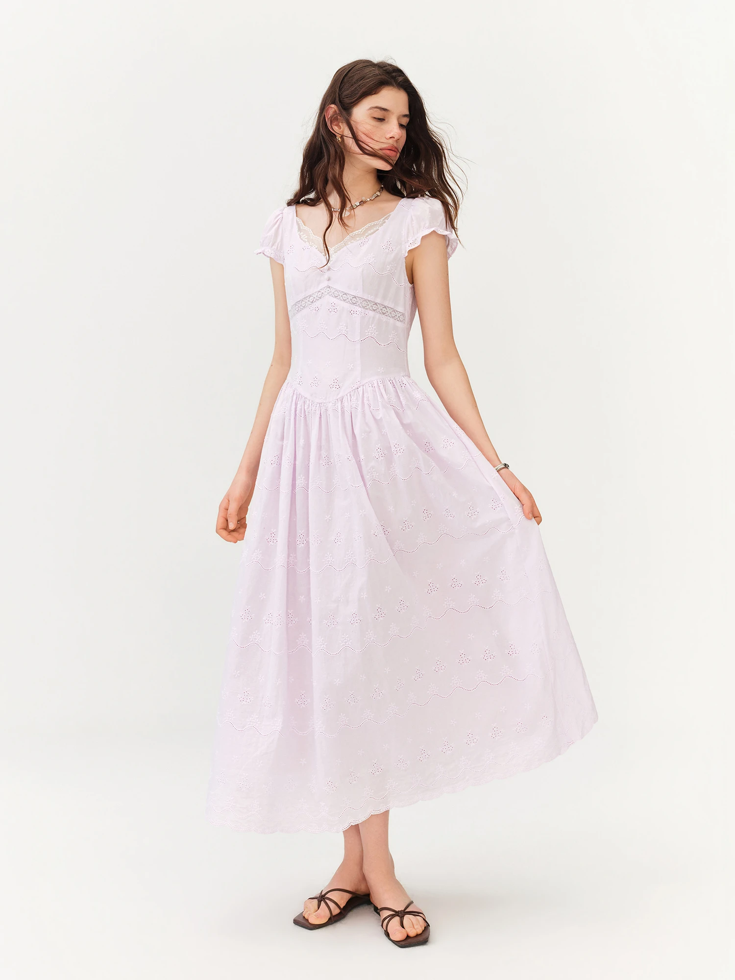 FSLE 2026 Summer Women's V-Neck Puff Sleeve Elegant Tea Dress Cut-Out Embroidered Flowy Midi French Coquette Romantic Style