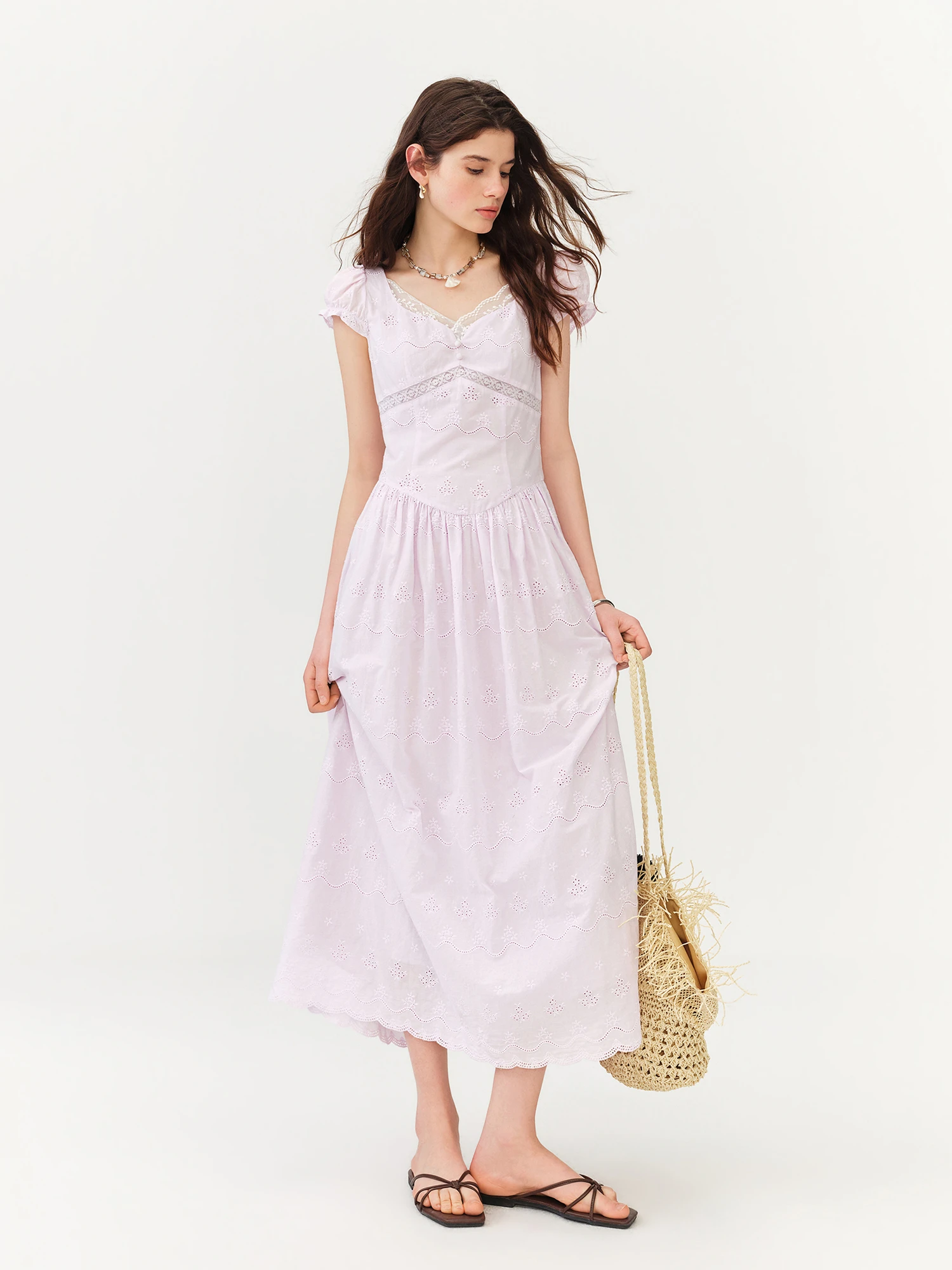 FSLE 2026 Summer Women's V-Neck Puff Sleeve Elegant Tea Dress Cut-Out Embroidered Flowy Midi French Coquette Romantic Style