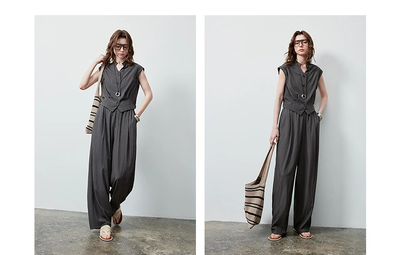 TOYOUTH Women Short Waist Top and Casual Banana Pants 2026 Summer New Old Money Cool Tone Two-Piece Set