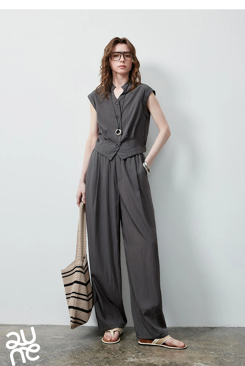 TOYOUTH Women Short Waist Top and Casual Banana Pants 2026 Summer New Old Money Cool Tone Two-Piece Set