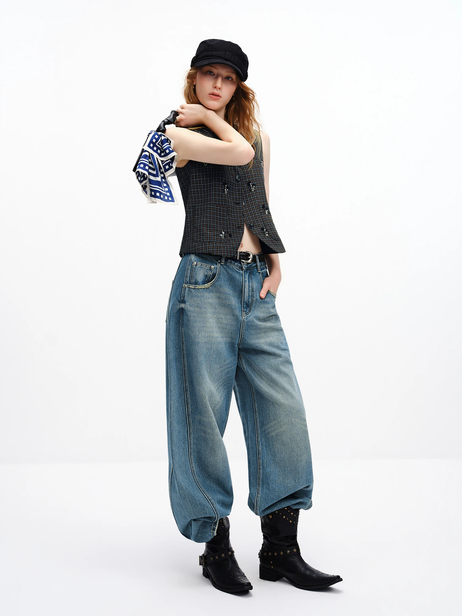 FSLE 【Premium Series】 Women's 2026 Summer New Vintage Beaded Black Plaid Tweed Vest & Skirt Set | Elegant Lady Two-Piece Outfit