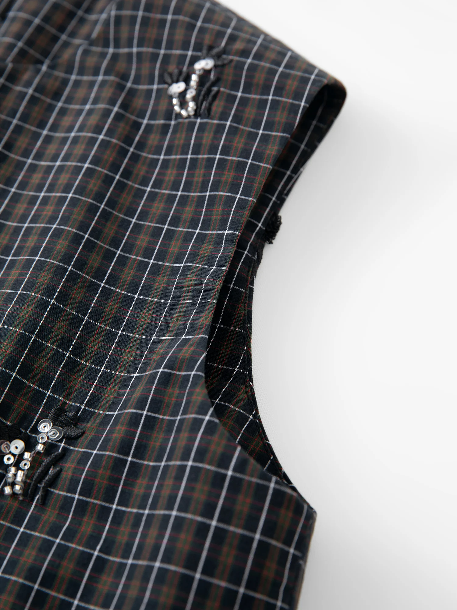 FSLE 【Premium Series】 Women's 2026 Summer New Vintage Beaded Black Plaid Tweed Vest & Skirt Set | Elegant Lady Two-Piece Outfit