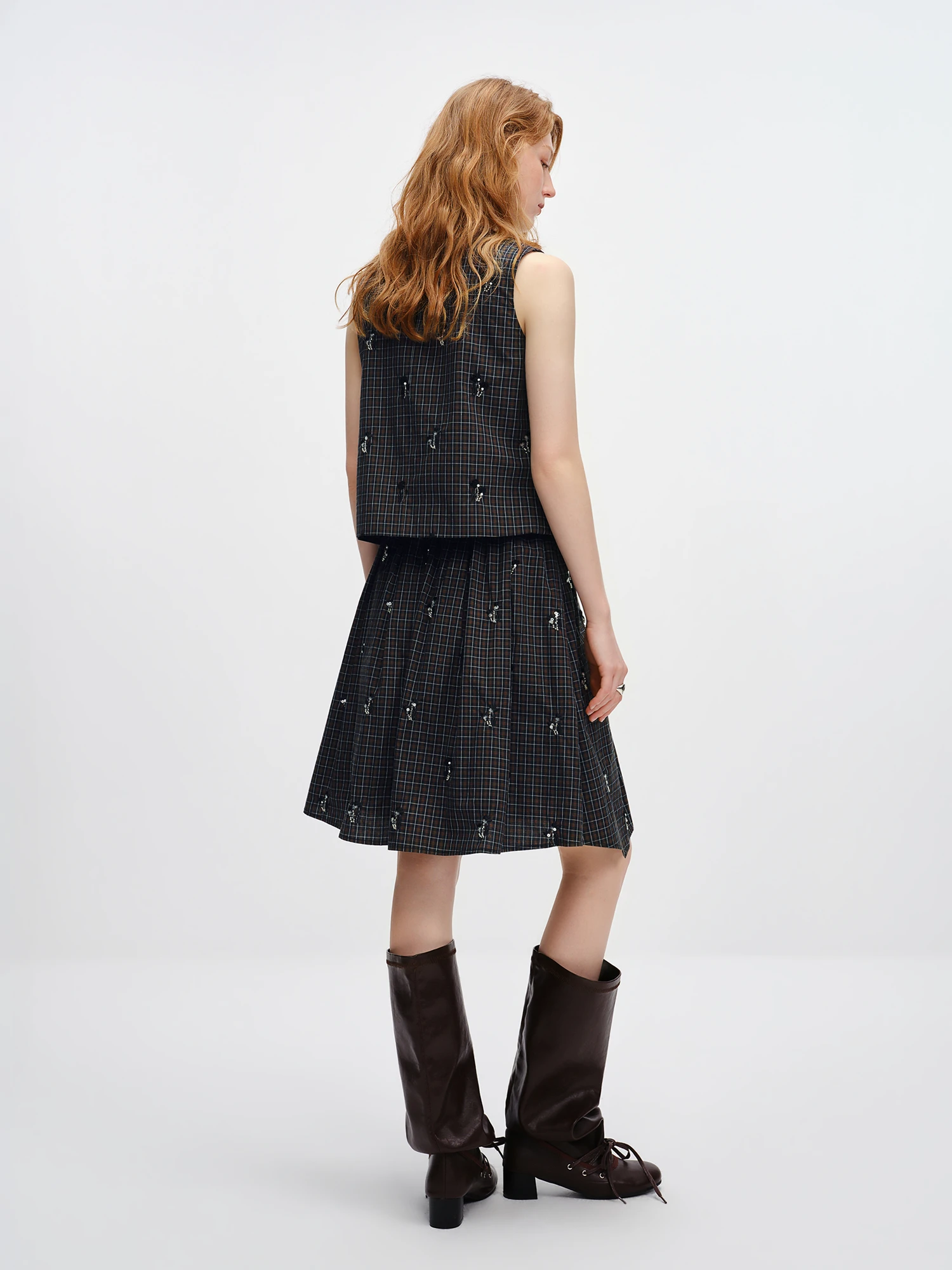 FSLE 【Premium Series】 Women's 2026 Summer New Vintage Beaded Black Plaid Tweed Vest & Skirt Set | Elegant Lady Two-Piece Outfit