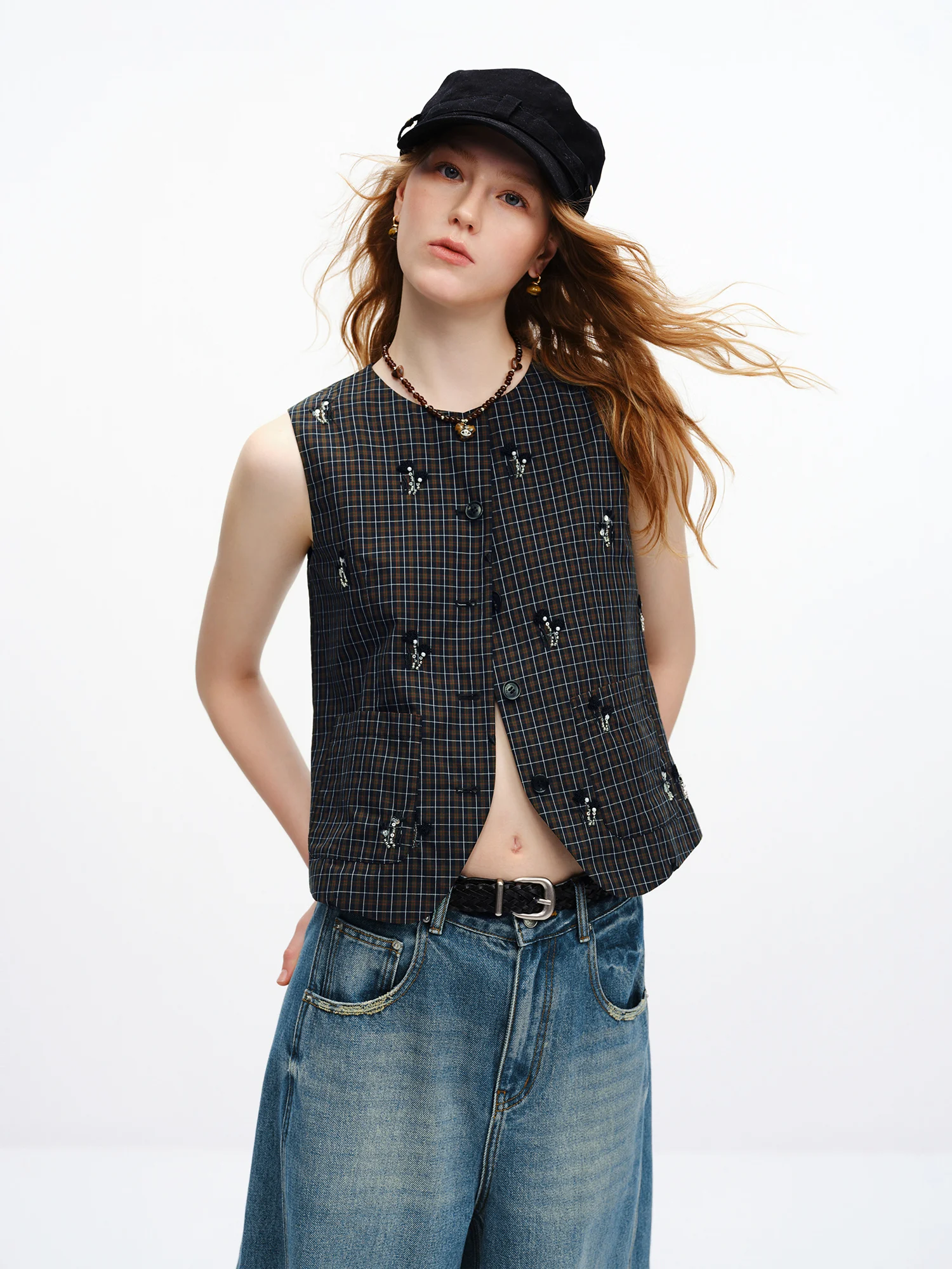 FSLE 【Premium Series】 Women's 2026 Summer New Vintage Beaded Black Plaid Tweed Vest & Skirt Set | Elegant Lady Two-Piece Outfit