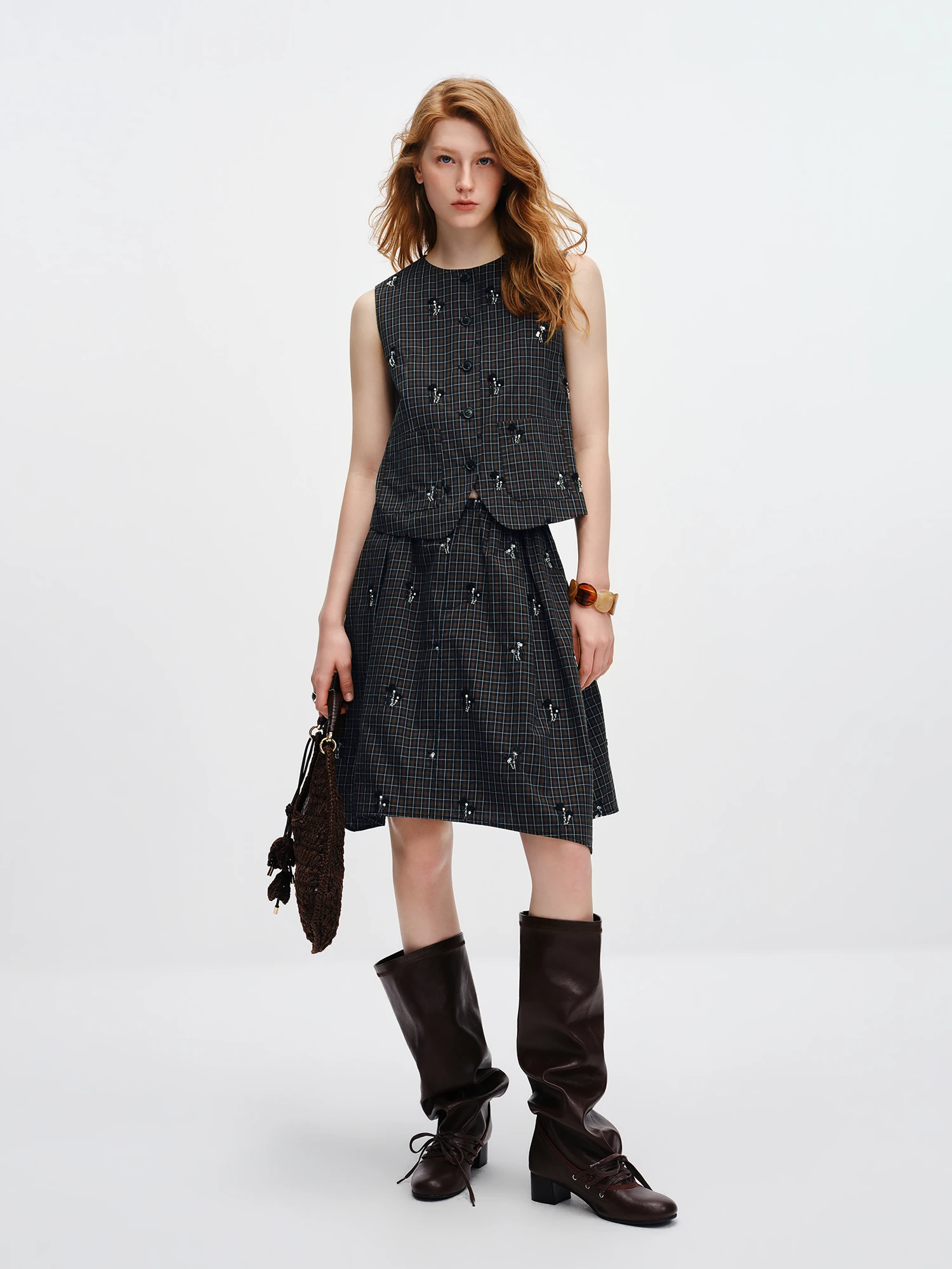 FSLE 【Premium Series】 Women's 2026 Summer New Vintage Beaded Black Plaid Tweed Vest & Skirt Set | Elegant Lady Two-Piece Outfit