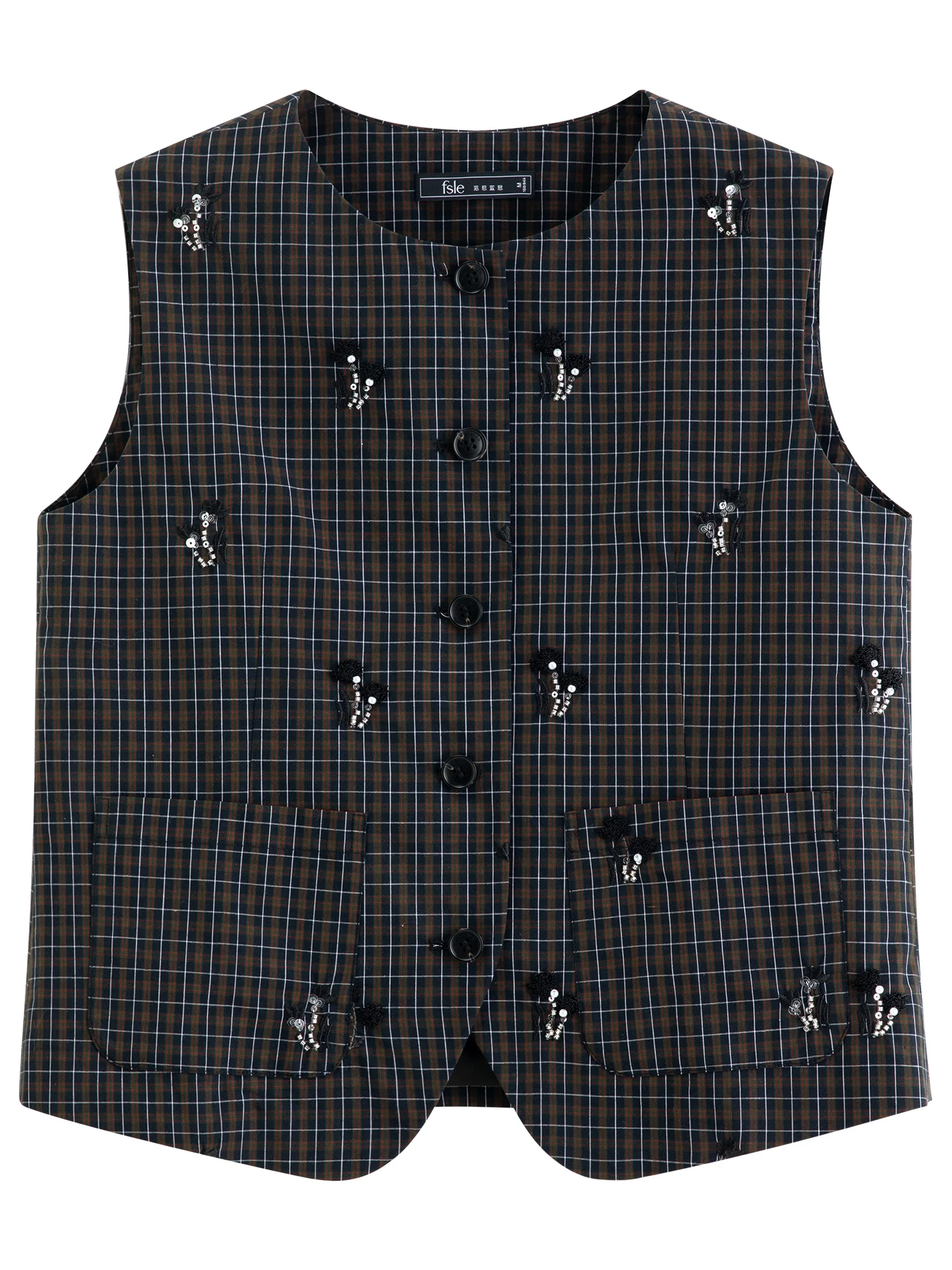 FSLE 【Premium Series】 Women's 2026 Summer New Vintage Beaded Black Plaid Tweed Vest & Skirt Set | Elegant Lady Two-Piece Outfit