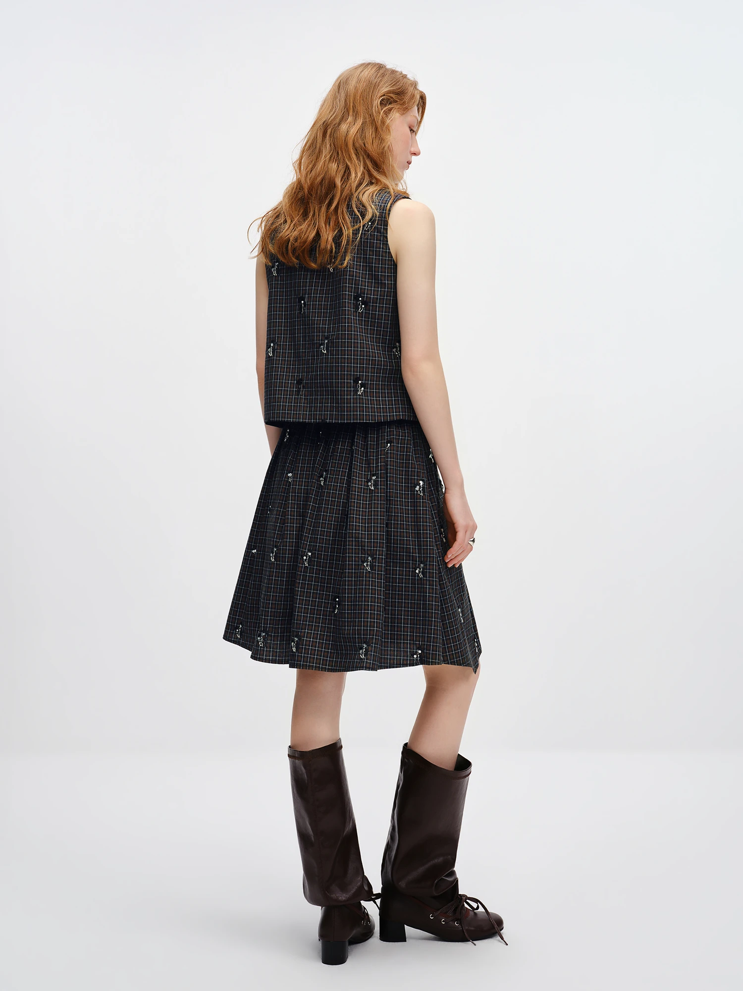 FSLE 【Premium Series】 Women's 2026 Summer New Vintage Beaded Black Plaid Tweed Vest & Skirt Set | Elegant Lady Two-Piece Outfit