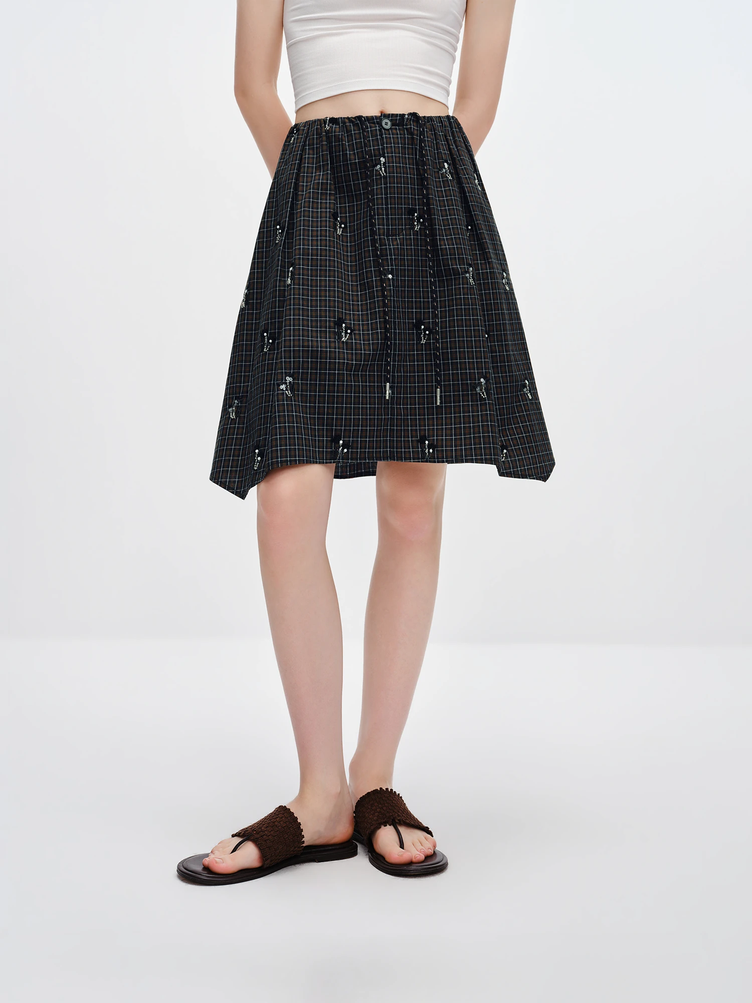 FSLE 【Premium Series】 Women's 2026 Summer New Vintage Beaded Black Plaid Tweed Vest & Skirt Set | Elegant Lady Two-Piece Outfit