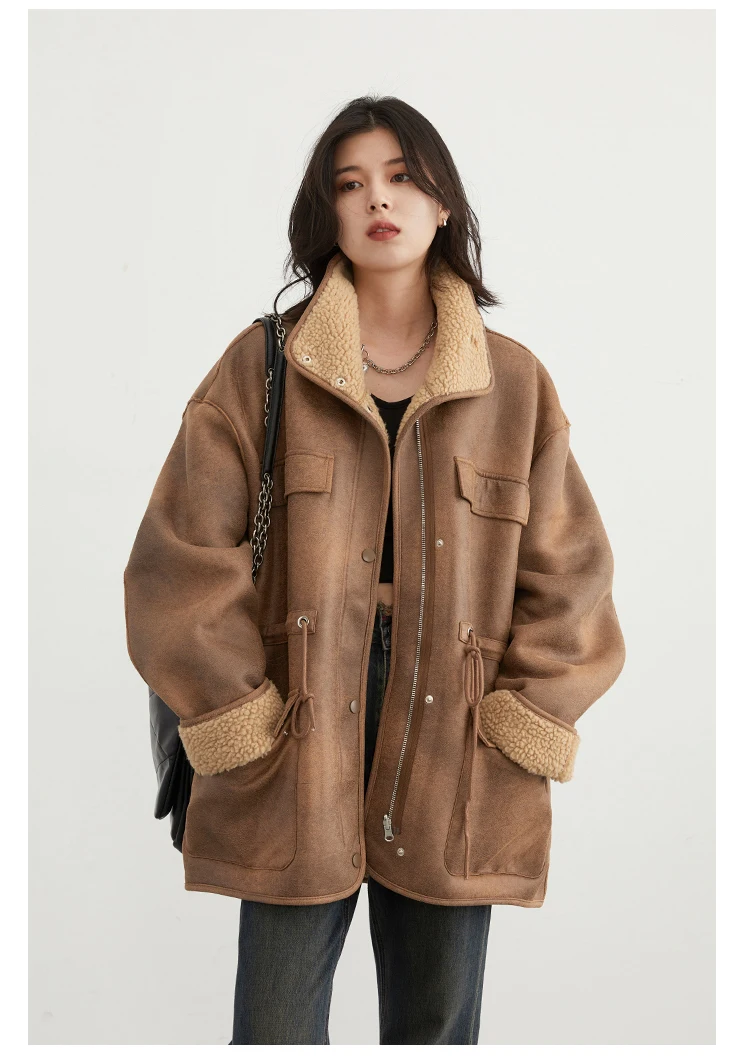 CHIC VEN Women's Jackets Thick Warm Solid Suede Reversible Jacket Motorcycle Outer Coat Loose Female Overcoat Winter Autumn 2023