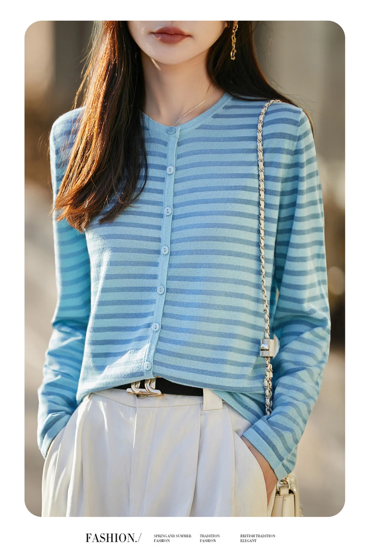 WinvyNee Women's Spring Fine Wool Knitted Cardigan Striped Crew Neck Long Sleeve Fashionable Designed Casual Outwear ZB1497001
