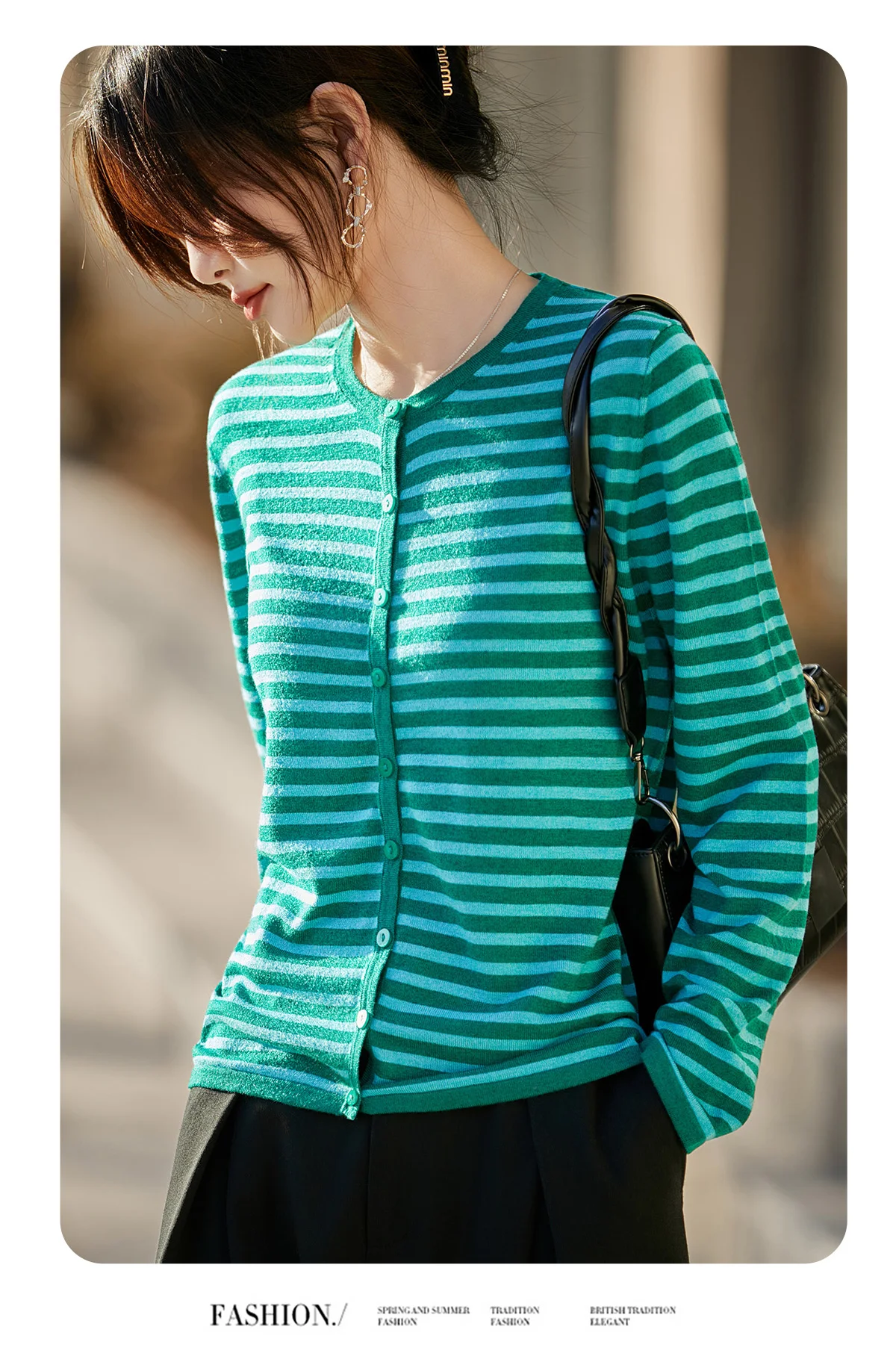 WinvyNee Women's Spring Fine Wool Knitted Cardigan Striped Crew Neck Long Sleeve Fashionable Designed Casual Outwear ZB1497001