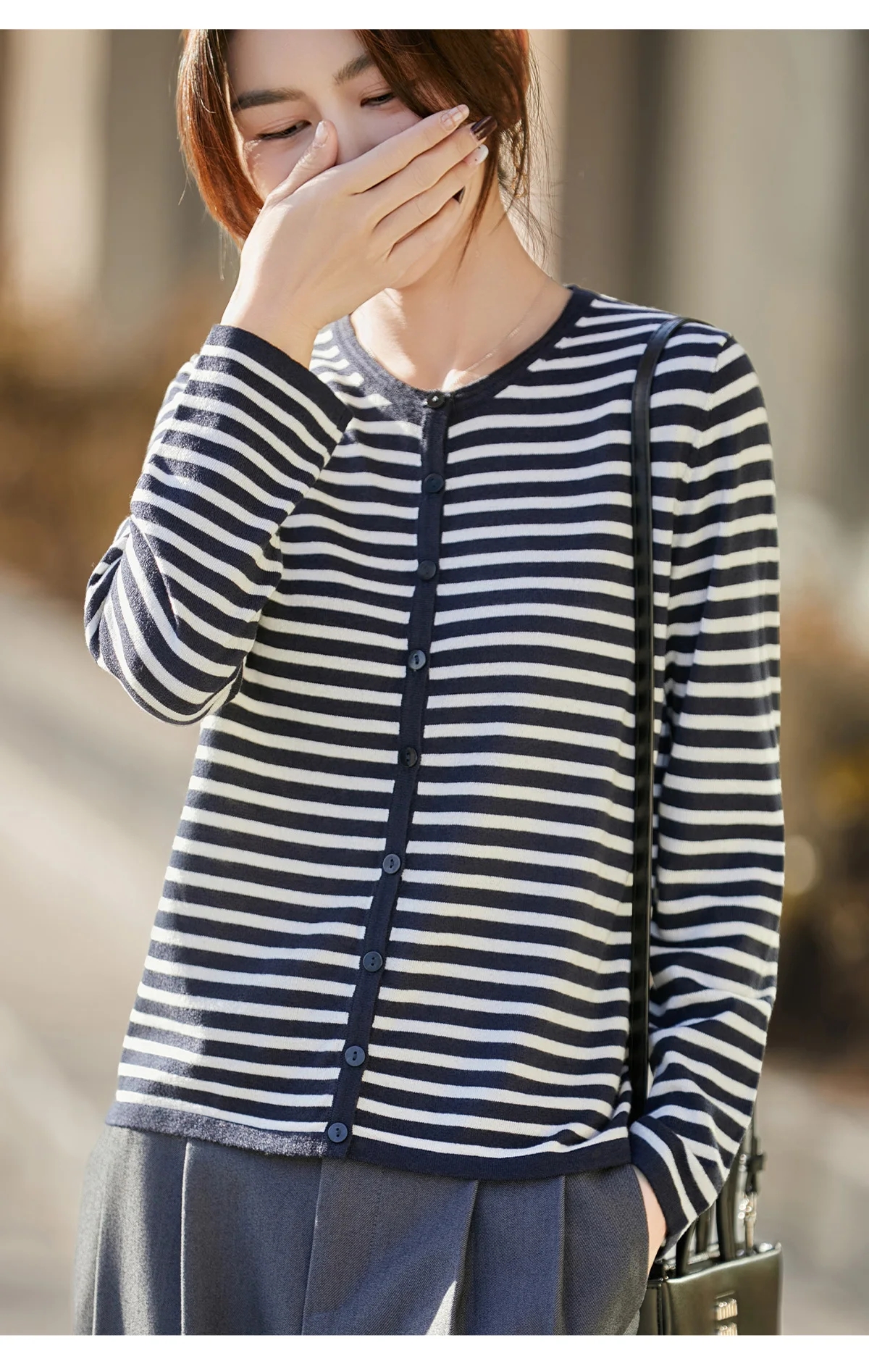 WinvyNee Women's Spring Fine Wool Knitted Cardigan Striped Crew Neck Long Sleeve Fashionable Designed Casual Outwear ZB1497001