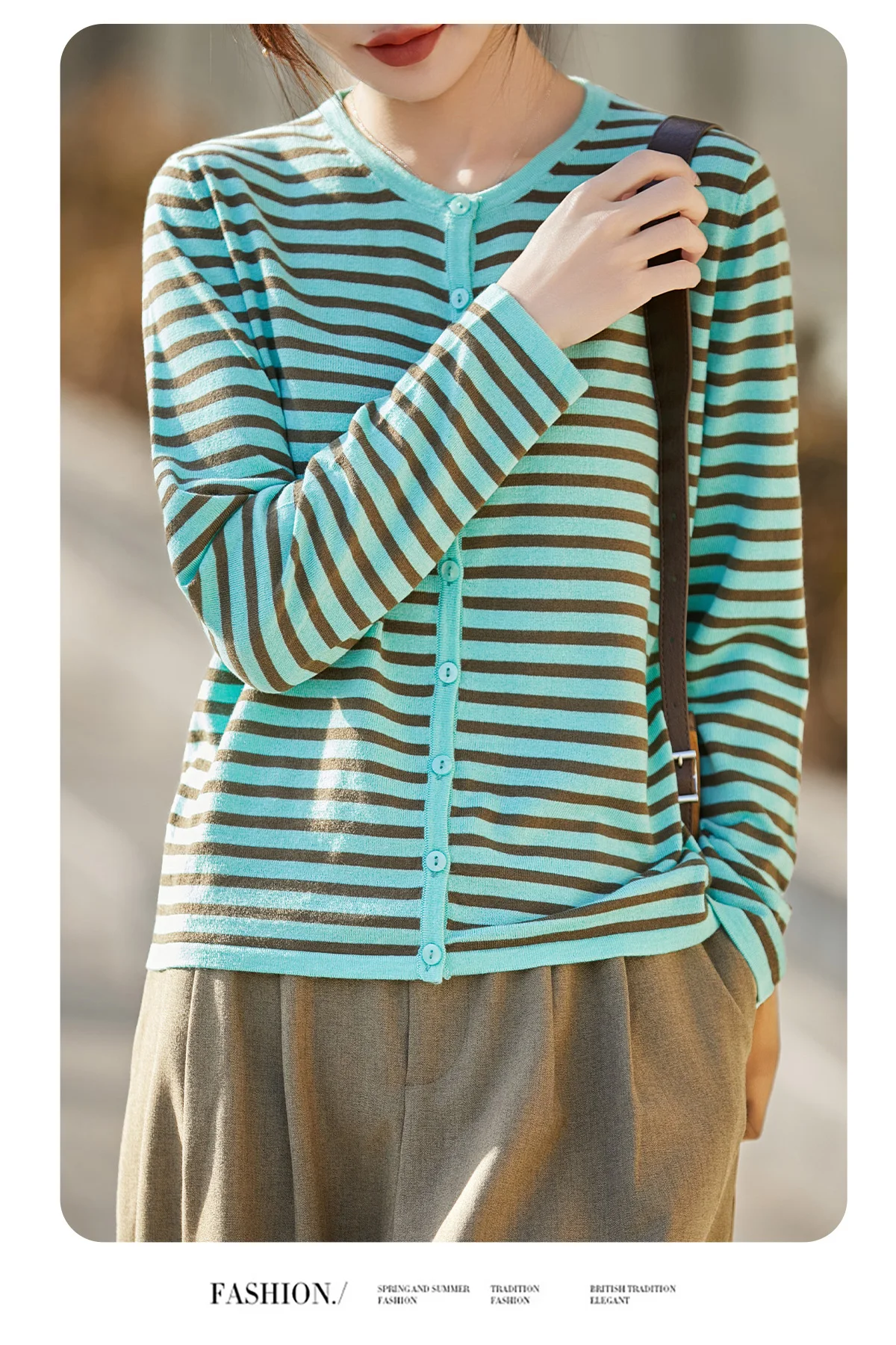 WinvyNee Women's Spring Fine Wool Knitted Cardigan Striped Crew Neck Long Sleeve Fashionable Designed Casual Outwear ZB1497001