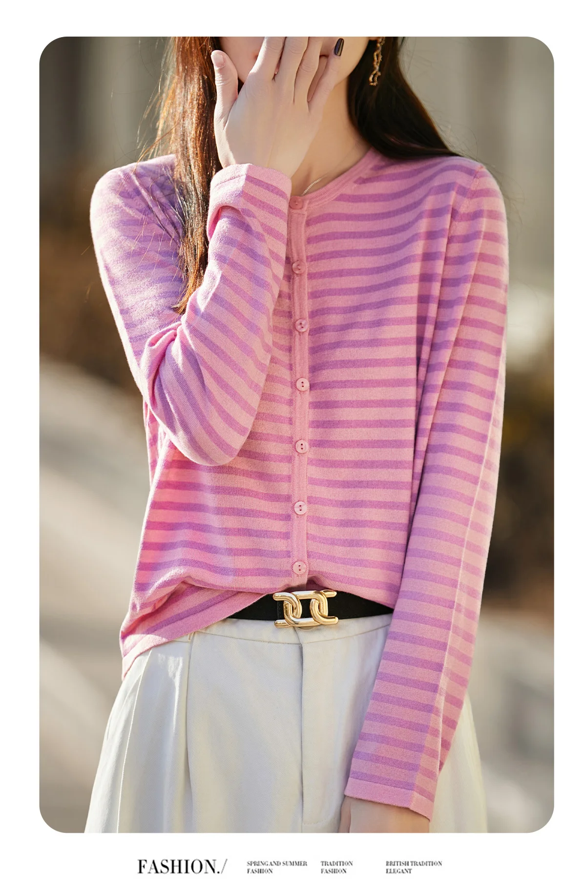 WinvyNee Women's Spring Fine Wool Knitted Cardigan Striped Crew Neck Long Sleeve Fashionable Designed Casual Outwear ZB1497001