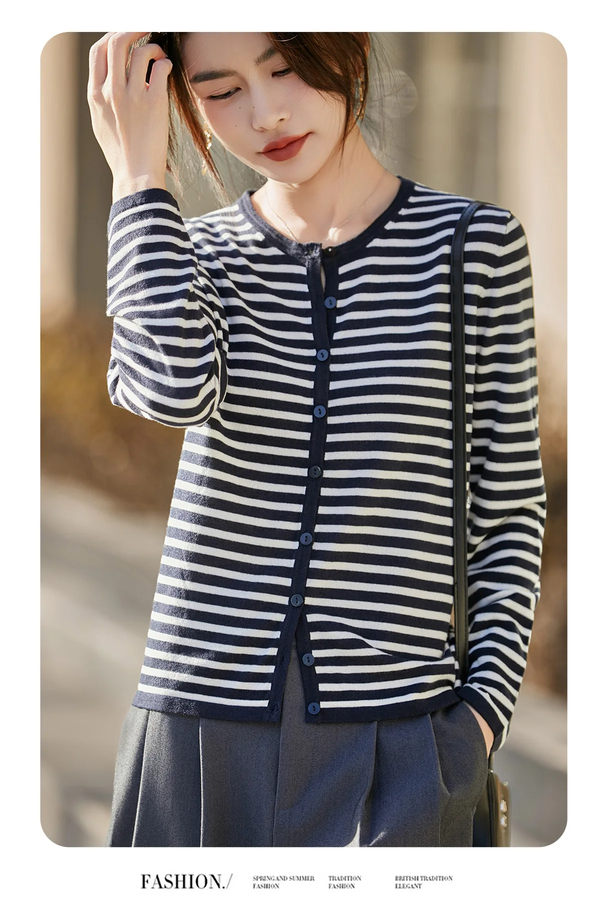 WinvyNee Women's Spring Fine Wool Knitted Cardigan Striped Crew Neck Long Sleeve Fashionable Designed Casual Outwear ZB1497001