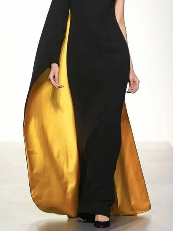 Onecozyday Women's Black Gold Asymmetric Cape Sleeve Evening Gown 2026 Elegant Bodycon Floor Length Formal Party Maxi Dress