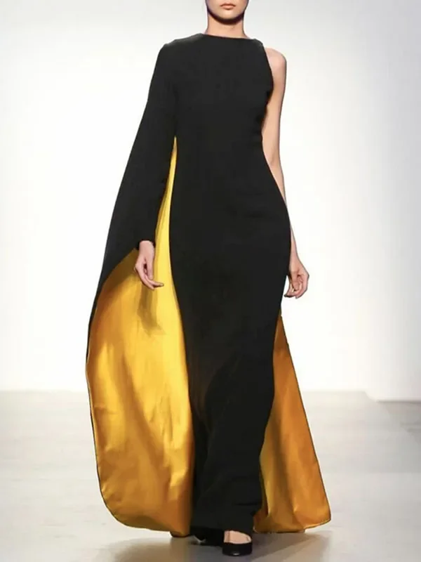Onecozyday Women's Black Gold Asymmetric Cape Sleeve Evening Gown 2026 Elegant Bodycon Floor Length Formal Party Maxi Dress