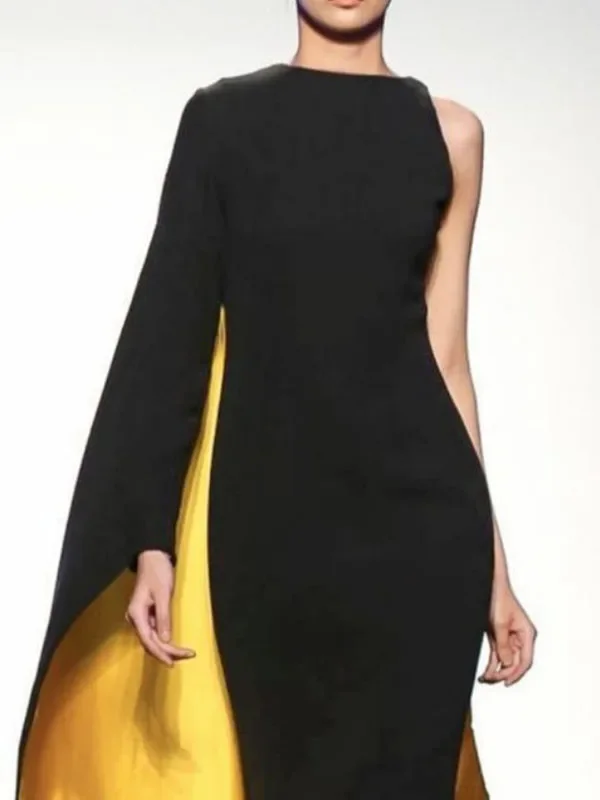 Onecozyday Women's Black Gold Asymmetric Cape Sleeve Evening Gown 2026 Elegant Bodycon Floor Length Formal Party Maxi Dress