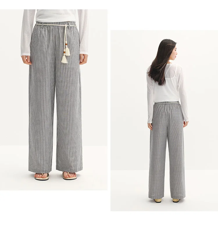 Semir Women Pants Striped 2026 Soft Drape Wide Leg Belted Urban Casual Everyday Style Soft Comfortable Daily Wear Trendy