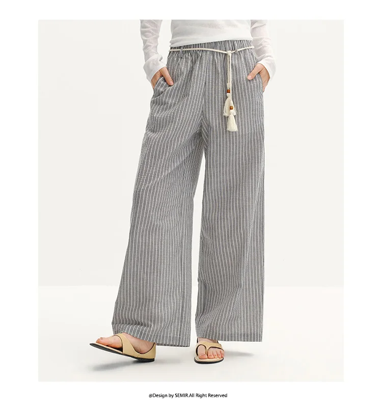 Semir Women Pants Striped 2026 Soft Drape Wide Leg Belted Urban Casual Everyday Style Soft Comfortable Daily Wear Trendy