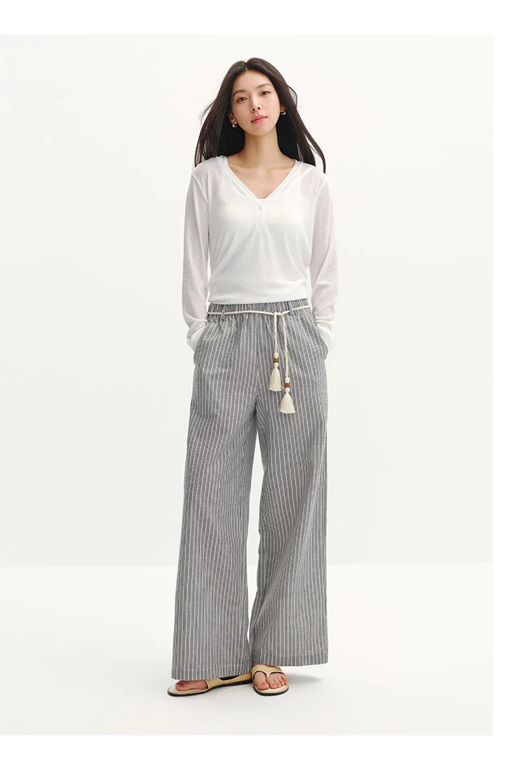 Semir Women Pants Striped 2026 Soft Drape Wide Leg Belted Urban Casual Everyday Style Soft Comfortable Daily Wear Trendy