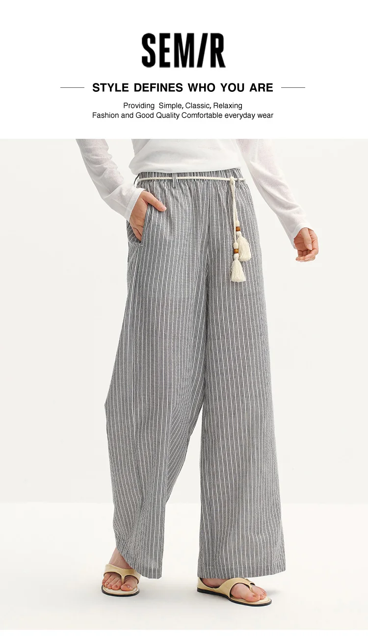 Semir Women Pants Striped 2026 Soft Drape Wide Leg Belted Urban Casual Everyday Style Soft Comfortable Daily Wear Trendy