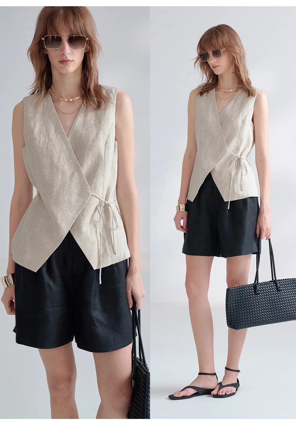 100% Linen V-Neck Vest Women's Tank Top French Vintage Lace-up Top Casual Sleeveless Office Ladies Waist-Cinched Linen Tops