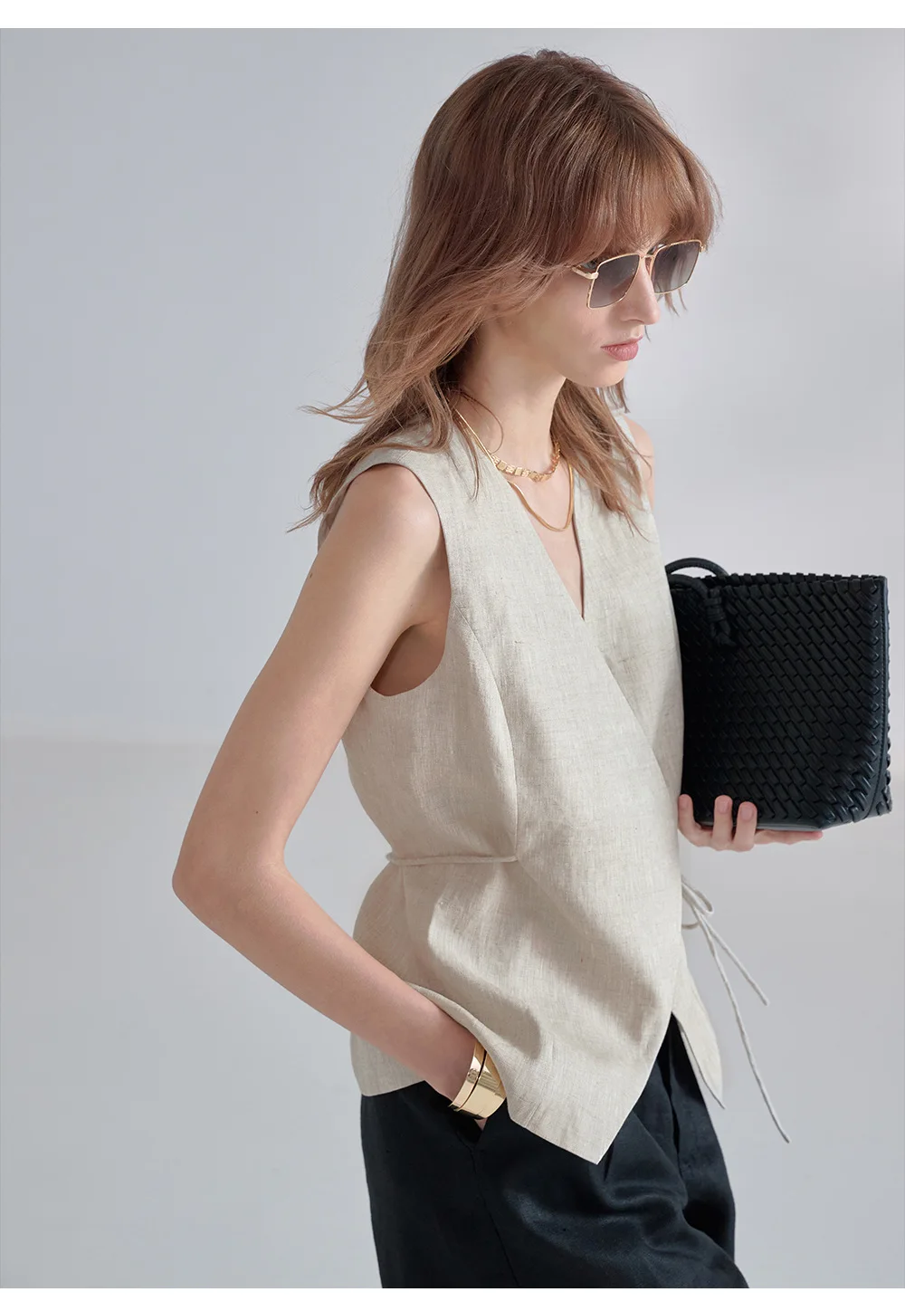 100% Linen V-Neck Vest Women's Tank Top French Vintage Lace-up Top Casual Sleeveless Office Ladies Waist-Cinched Linen Tops