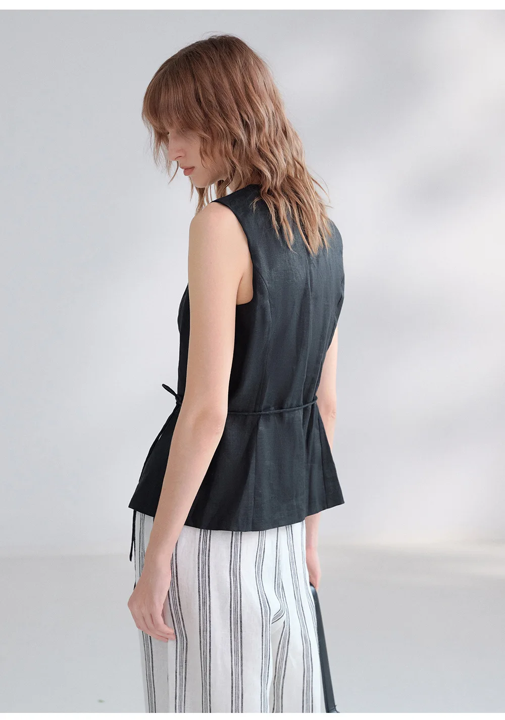 100% Linen V-Neck Vest Women's Tank Top French Vintage Lace-up Top Casual Sleeveless Office Ladies Waist-Cinched Linen Tops