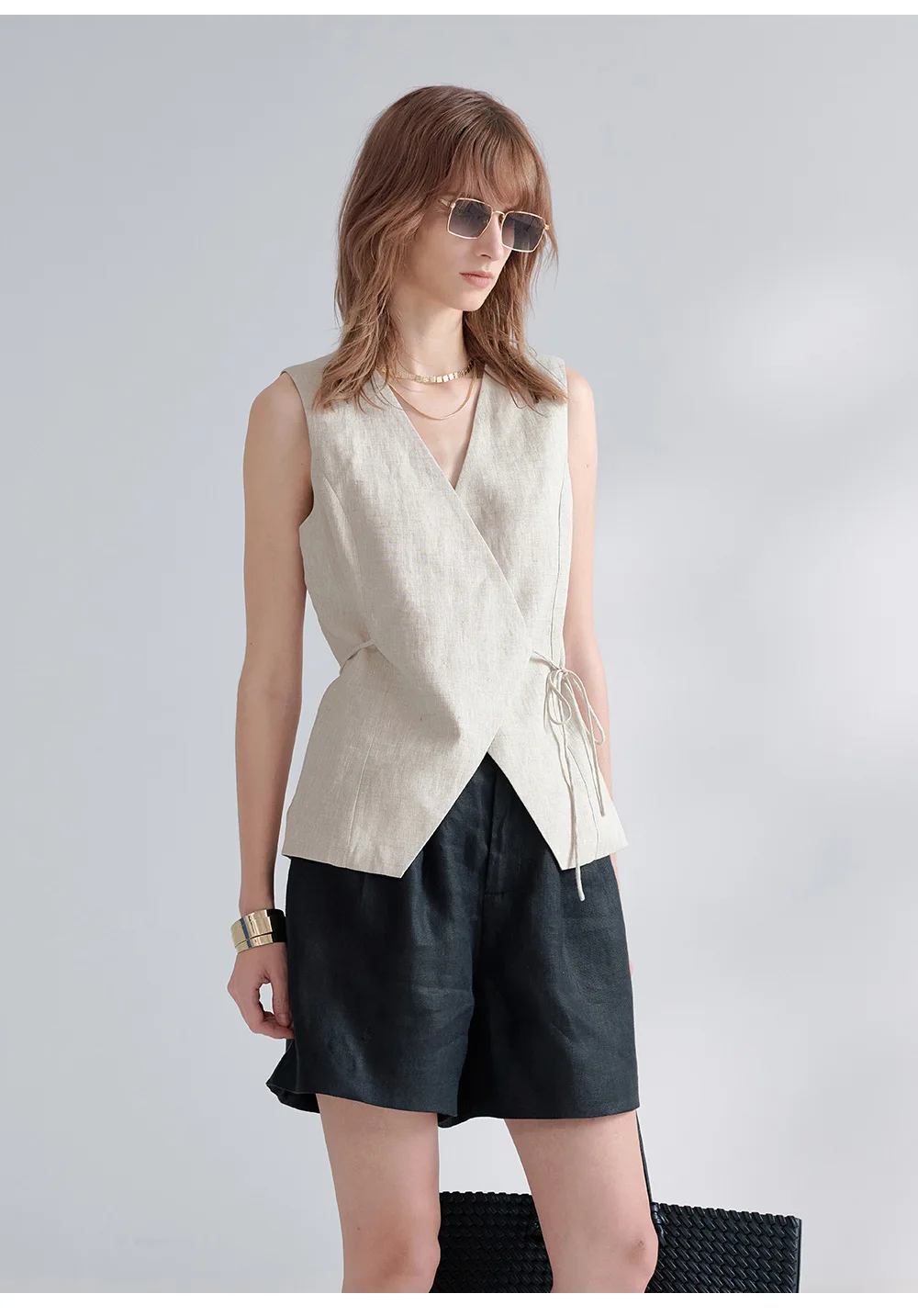 100% Linen V-Neck Vest Women's Tank Top French Vintage Lace-up Top Casual Sleeveless Office Ladies Waist-Cinched Linen Tops