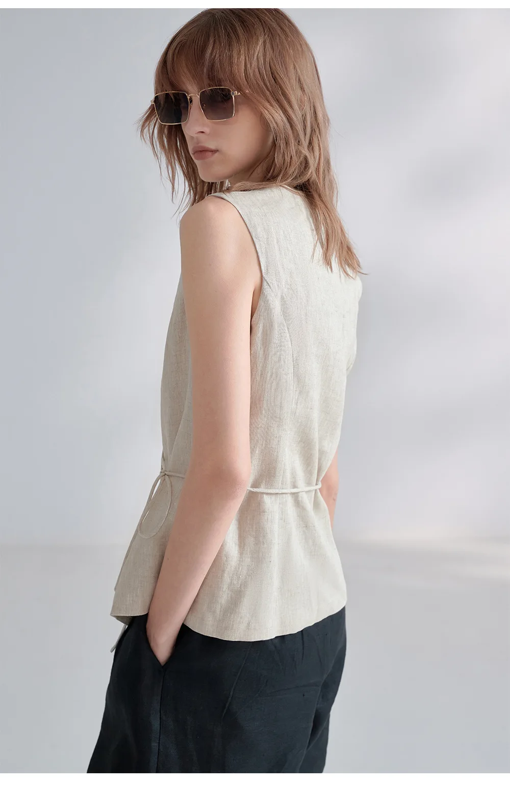100% Linen V-Neck Vest Women's Tank Top French Vintage Lace-up Top Casual Sleeveless Office Ladies Waist-Cinched Linen Tops