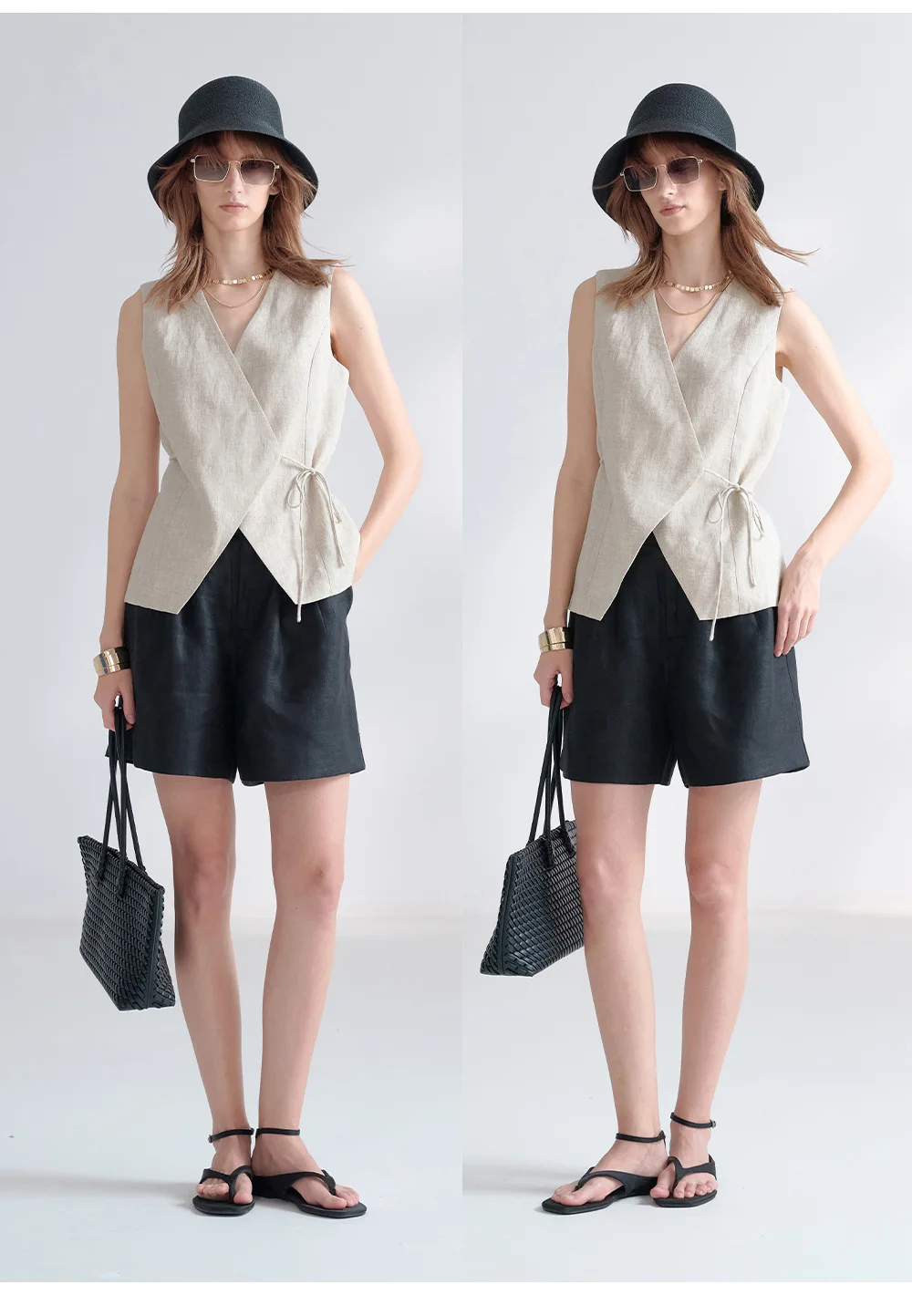 100% Linen V-Neck Vest Women's Tank Top French Vintage Lace-up Top Casual Sleeveless Office Ladies Waist-Cinched Linen Tops