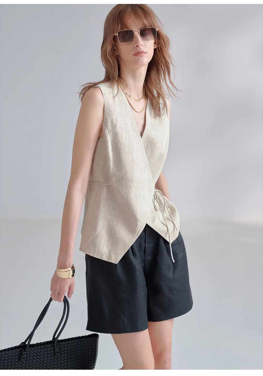 100% Linen V-Neck Vest Women's Tank Top French Vintage Lace-up Top Casual Sleeveless Office Ladies Waist-Cinched Linen Tops