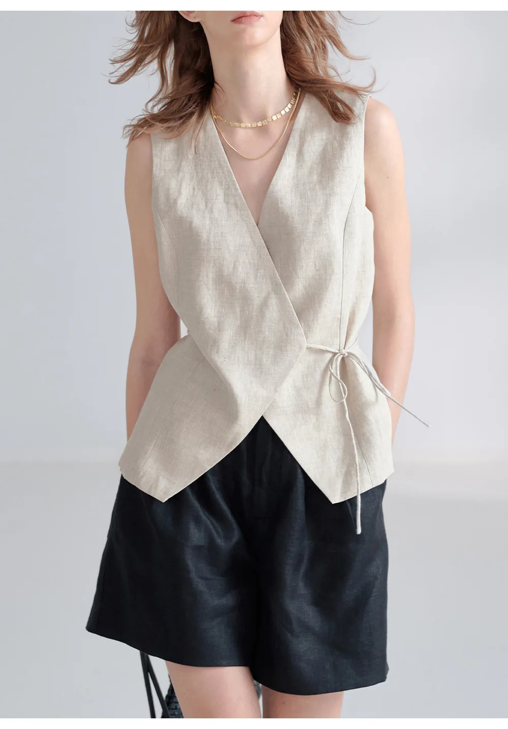 100% Linen V-Neck Vest Women's Tank Top French Vintage Lace-up Top Casual Sleeveless Office Ladies Waist-Cinched Linen Tops