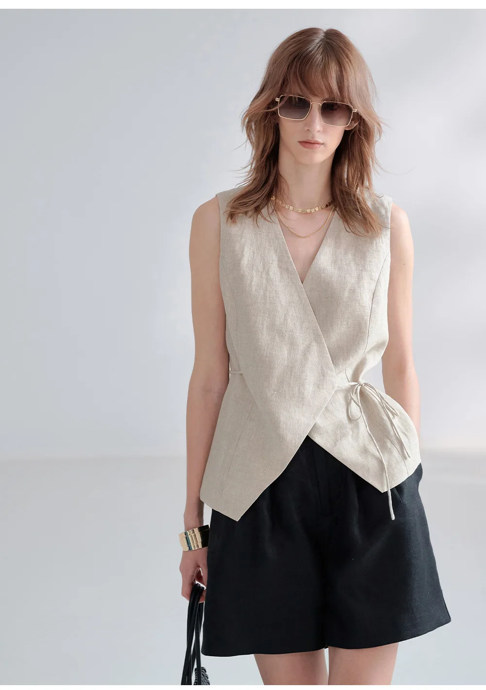 100% Linen V-Neck Vest Women's Tank Top French Vintage Lace-up Top Casual Sleeveless Office Ladies Waist-Cinched Linen Tops