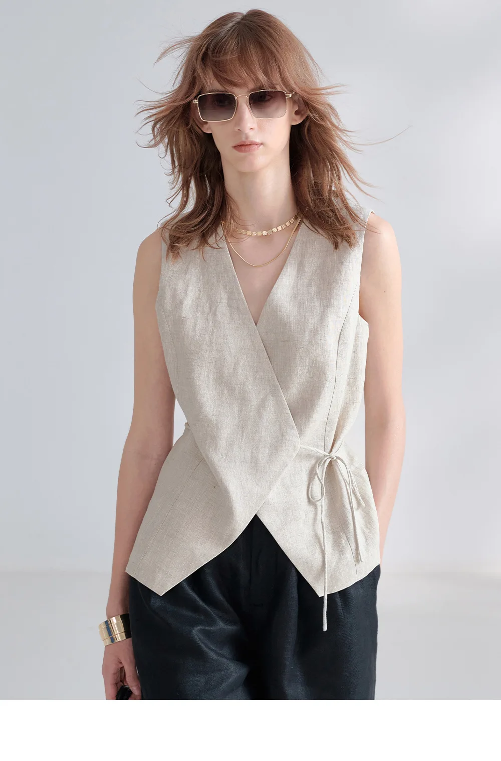 100% Linen V-Neck Vest Women's Tank Top French Vintage Lace-up Top Casual Sleeveless Office Ladies Waist-Cinched Linen Tops