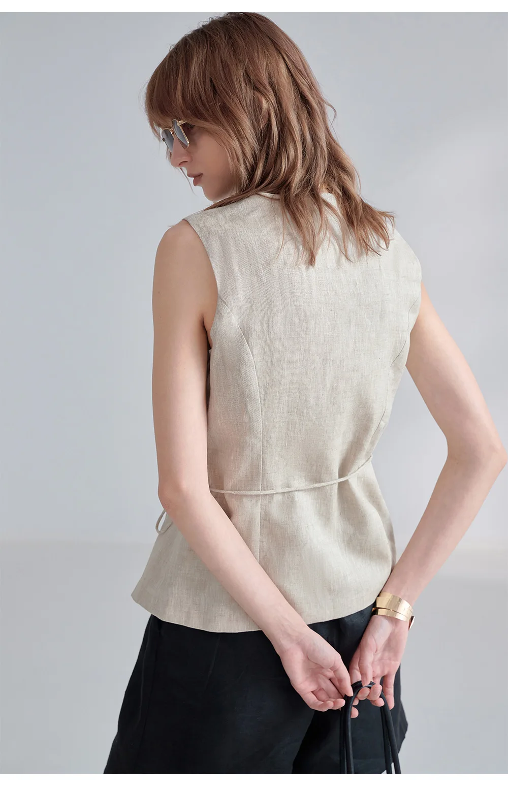 100% Linen V-Neck Vest Women's Tank Top French Vintage Lace-up Top Casual Sleeveless Office Ladies Waist-Cinched Linen Tops