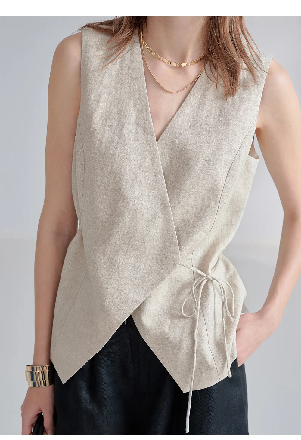 100% Linen V-Neck Vest Women's Tank Top French Vintage Lace-up Top Casual Sleeveless Office Ladies Waist-Cinched Linen Tops